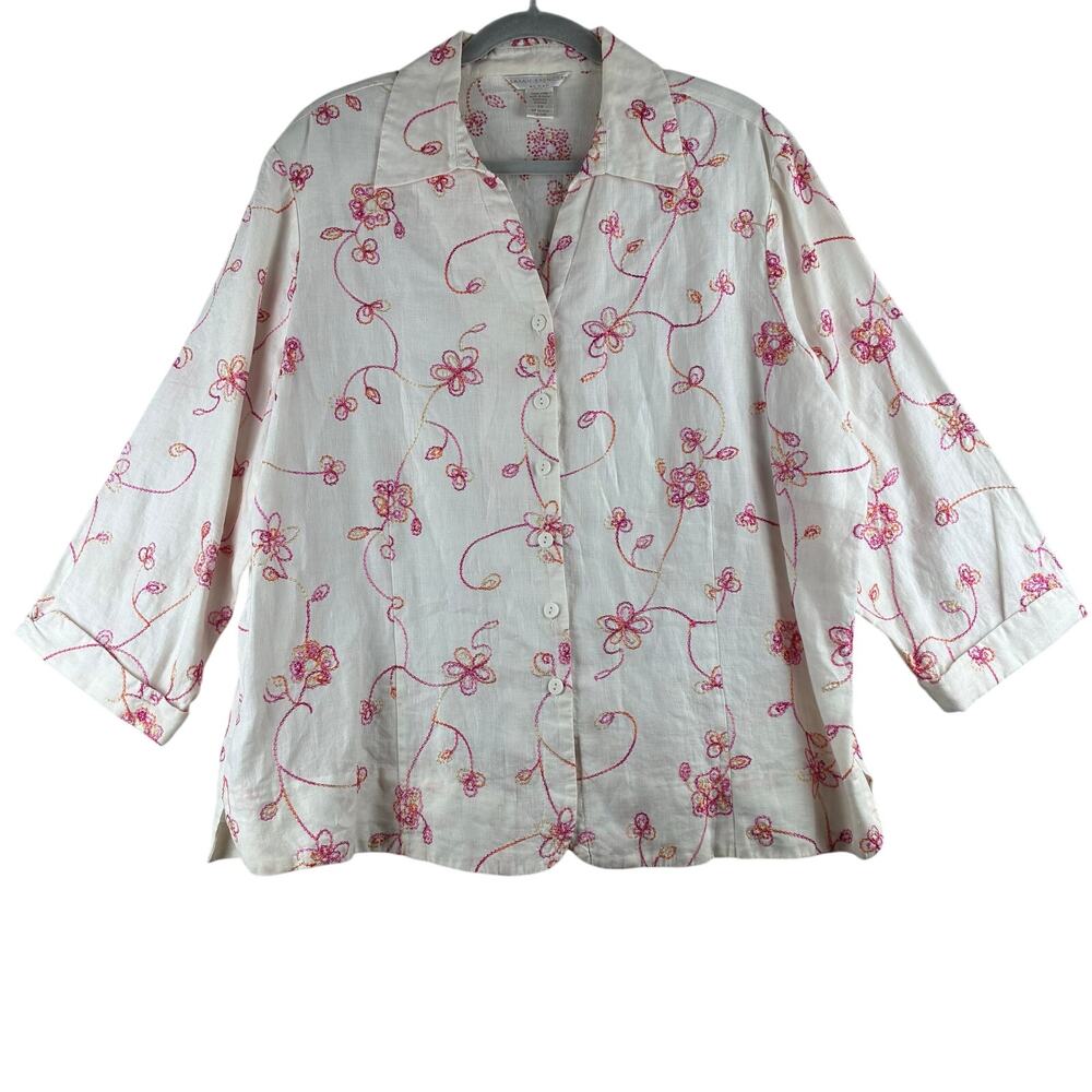Sarah Spencer 100% Linen 3/4 Sleeve Button Up Blouse Women 2X Floral Whimsy READ